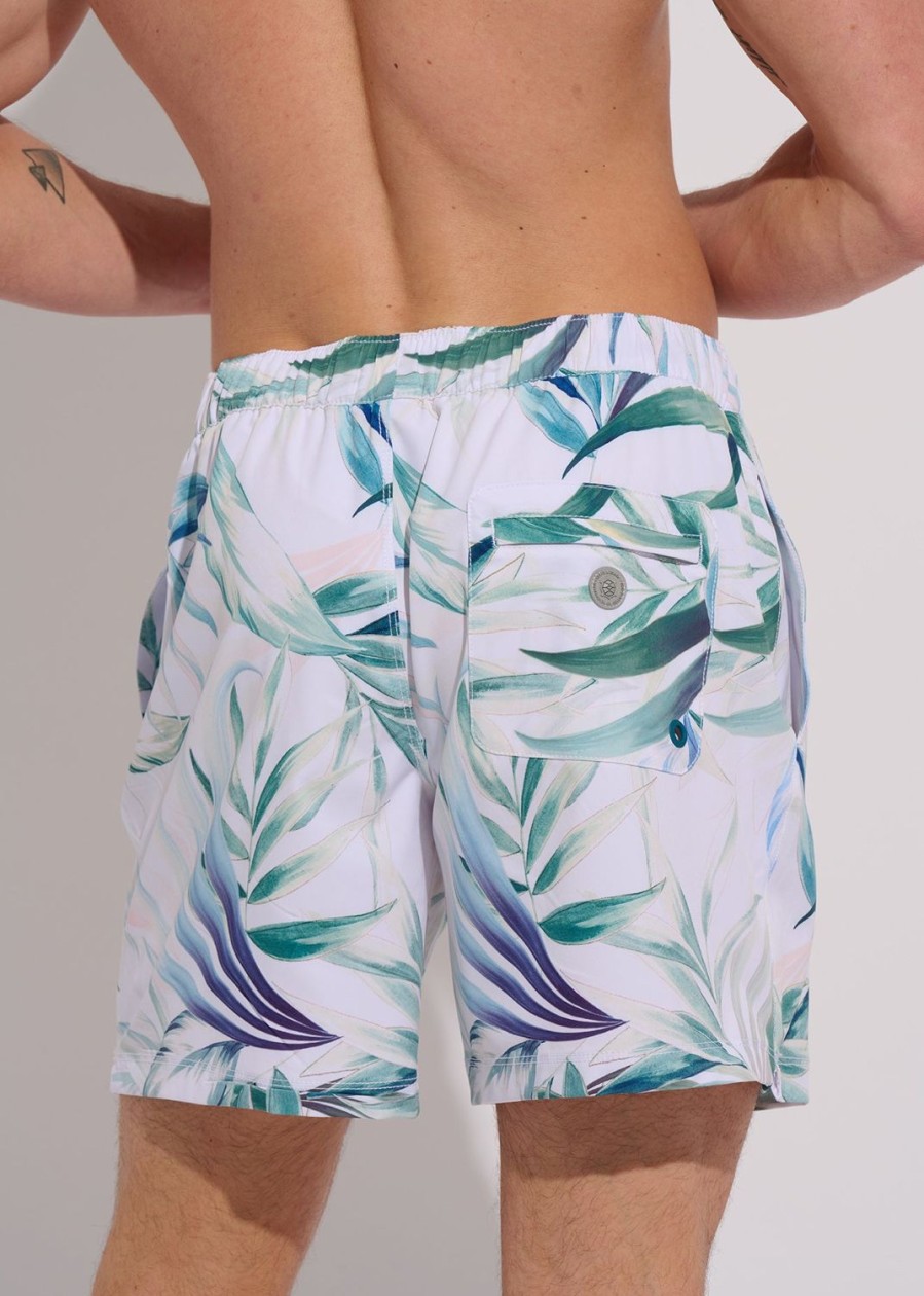 Men Everyday Sunday | White Leaves Casual Swim Trunk