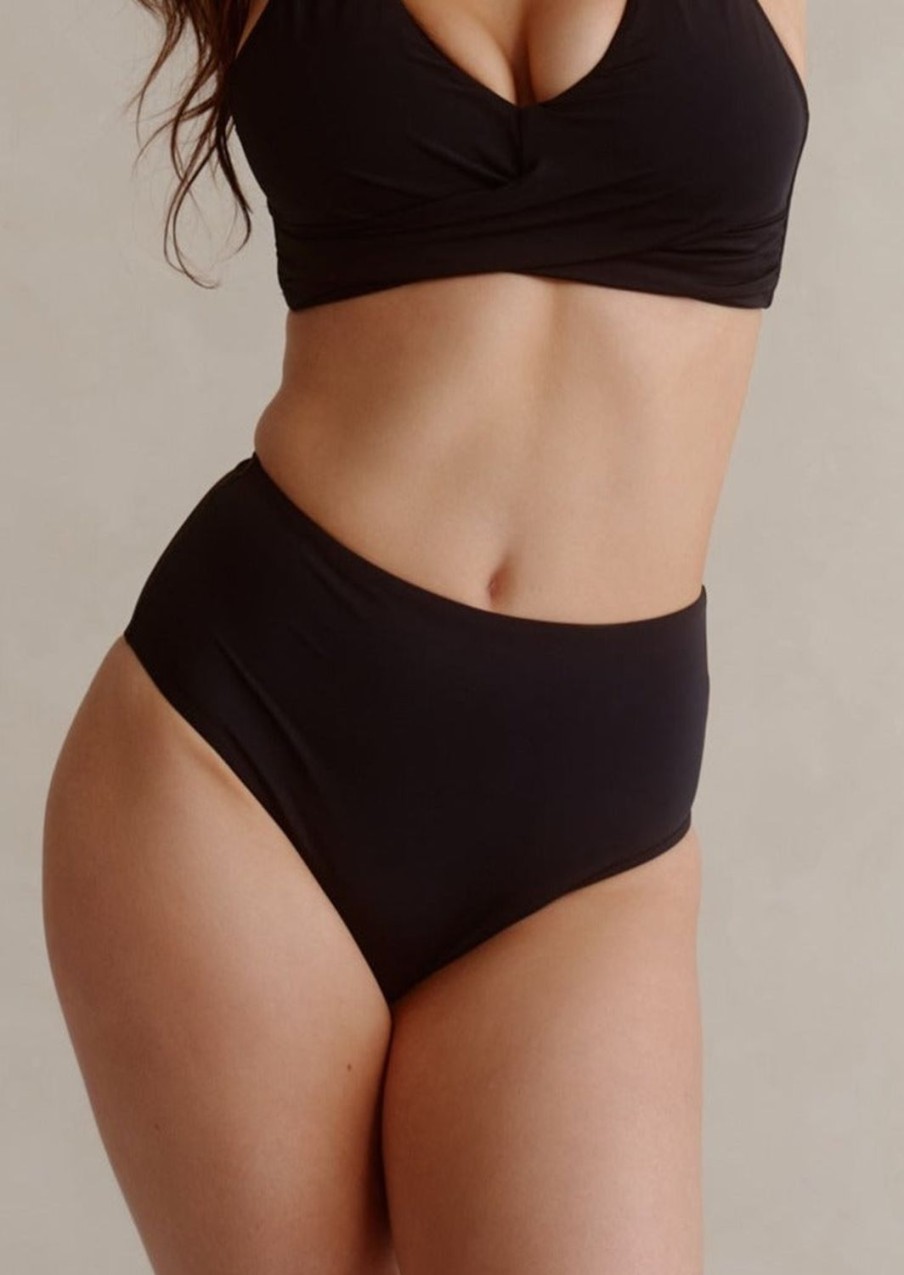 Women Everyday Sunday Swim Bottoms | Black Retro High Waist Bottom