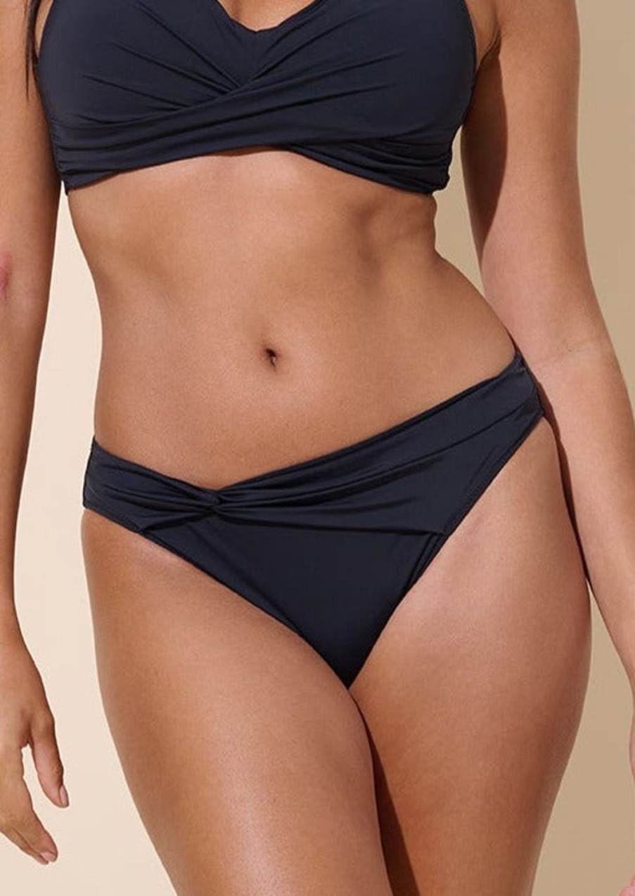 Women Everyday Sunday Swim Bottoms | Black Semi-High Waist Bottom Front Twist Bottom