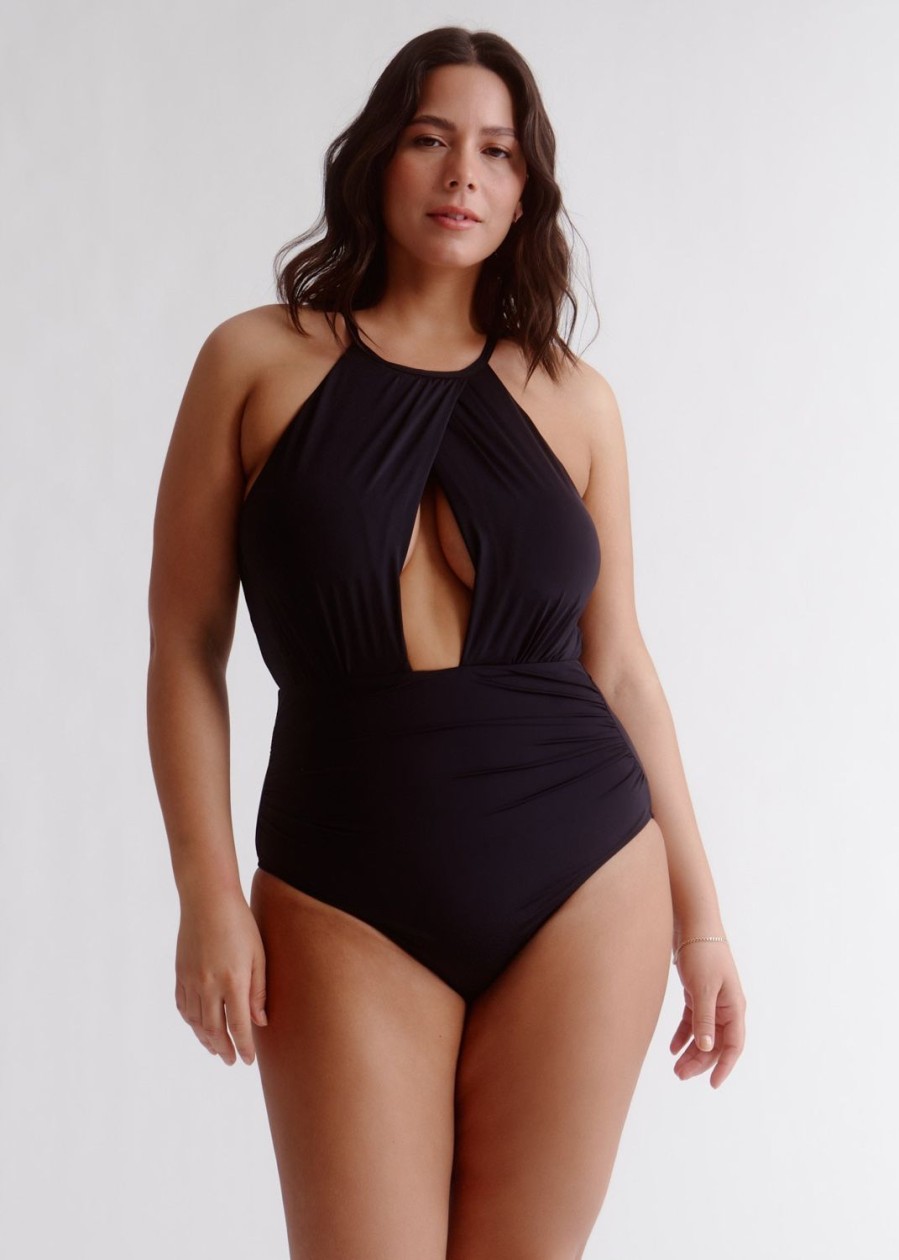 Women Everyday Sunday One-Pieces | Black Draped Halter One-Piece Swimsuit