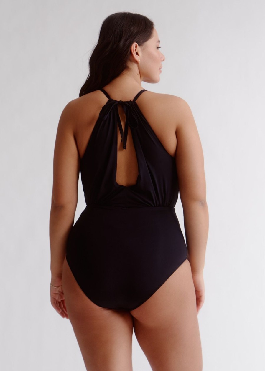 Women Everyday Sunday One-Pieces | Black Draped Halter One-Piece Swimsuit