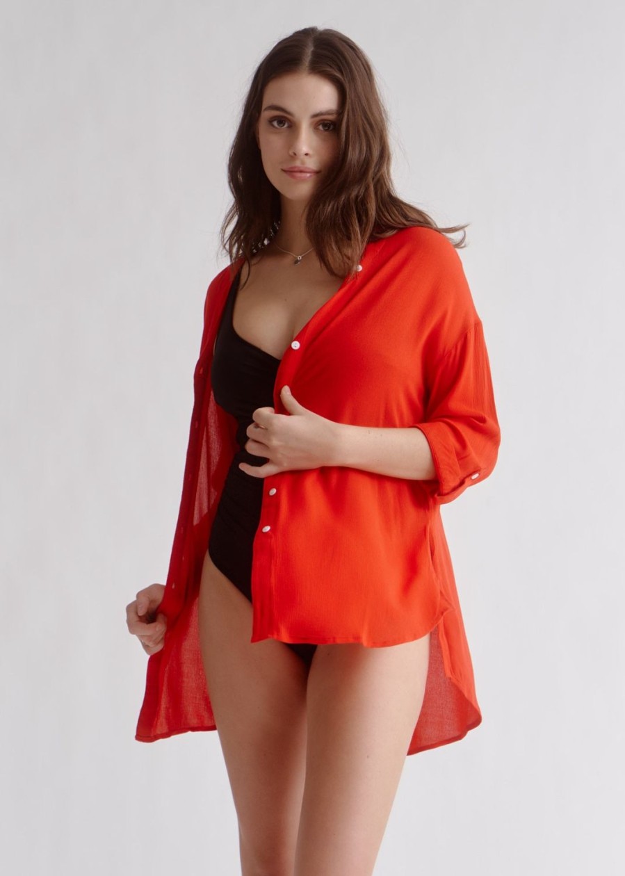 Women Everyday Sunday Beach Cover-Ups | Lychee Red Cover-Up Shirt