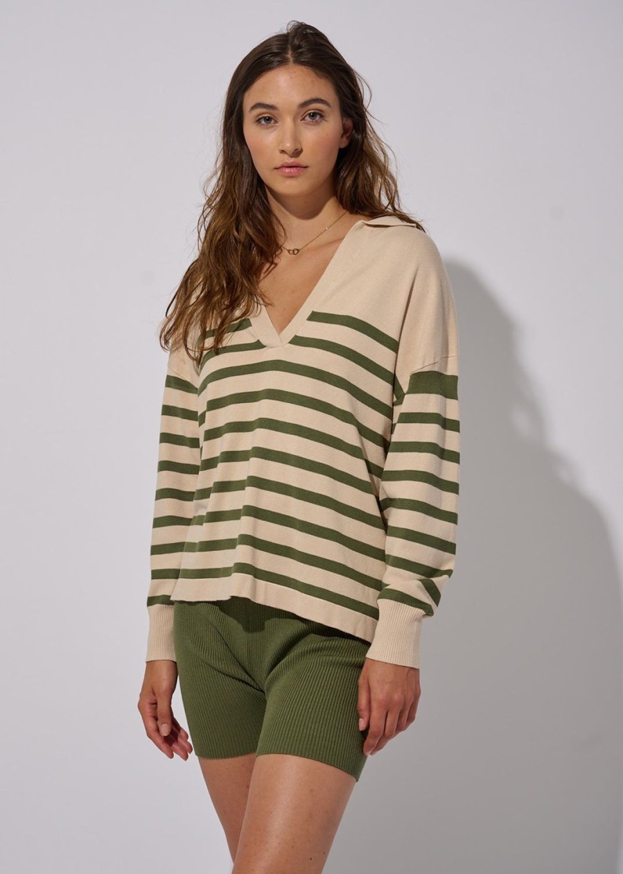 Women Everyday Sunday Loungewear | Loden Stripe Enwrap Polo